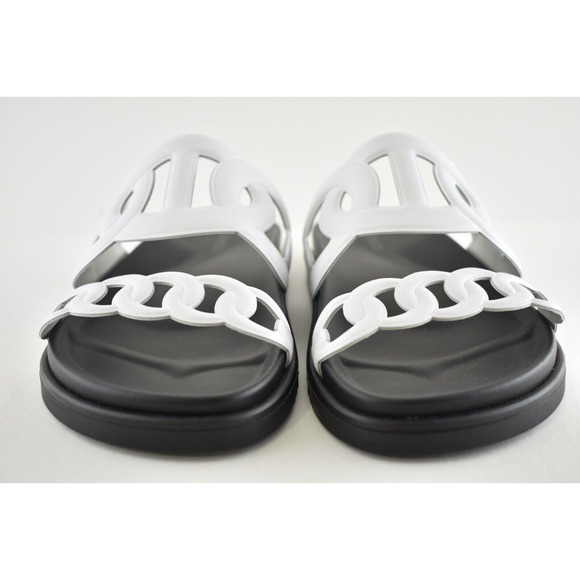 Hermes Extra Sandals White Black Chaine d'Ancre Leather Logo Slide Mule Flat 37 - Picture 5 of 12